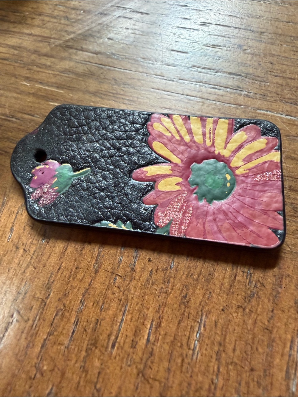 Coach Black Leather Floral Bag Tag with Pink Flowers - Picture 2 of 3